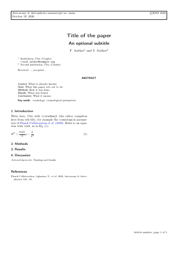 Page 1 of the Astronomy & Astrophysics template as it compiles in Papers