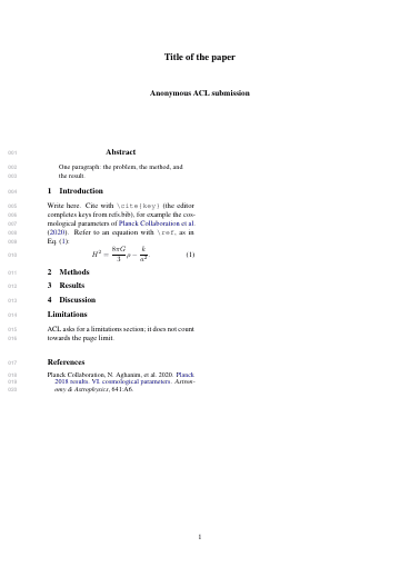 Page 1 of the ACL (*ACL conferences) template as it compiles in Papers