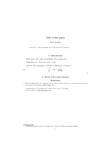 Page 1 of the AMS proceedings (amsproc) template as it compiles in Papers