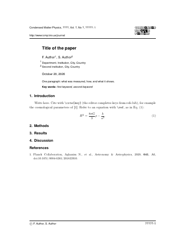 Page 1 of the Condensed Matter Physics template as it compiles in Papers