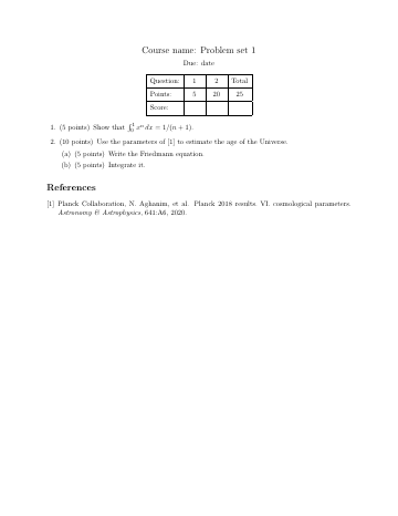 Page 1 of the Exam or problem set (exam) template as it compiles in Papers