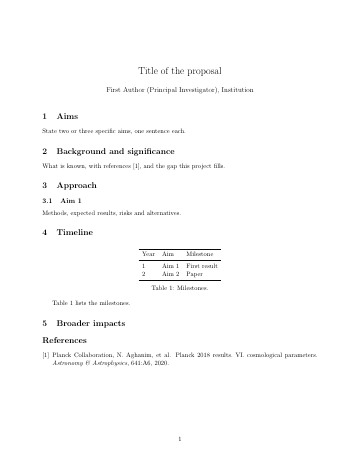Page 1 of the Research proposal template as it compiles in Papers