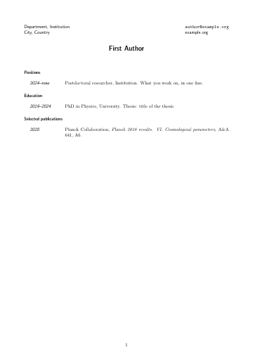 Page 1 of the CV (simplecv) template as it compiles in Papers
